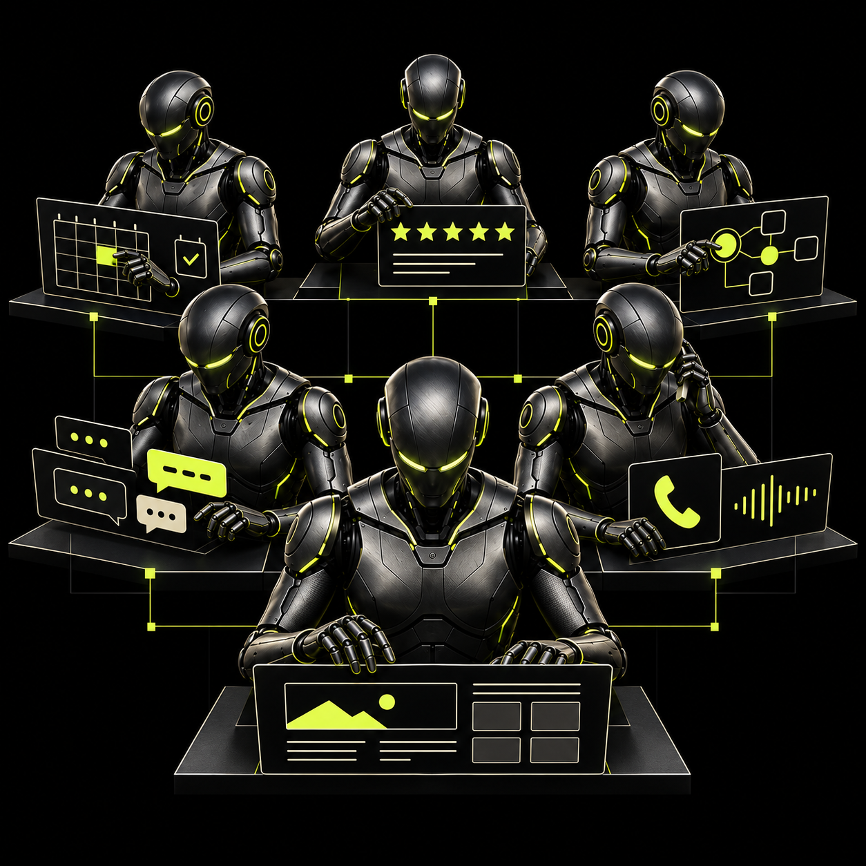 Six connected AI robots working on websites, messages, calls, appointments, reviews, and workflows